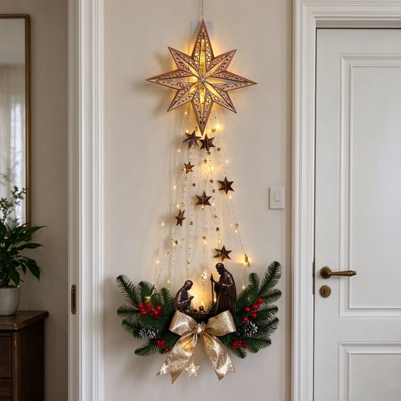 MYUNNIL Christmas Jesus Nativity Wall Light, 39" Warm LED Bethlehem Star Wall Hanging Light with Bow & Pine Sprigs, Religious Waterproof Eye-Catching Seasonal Decor for Bedroom Living Room Party
