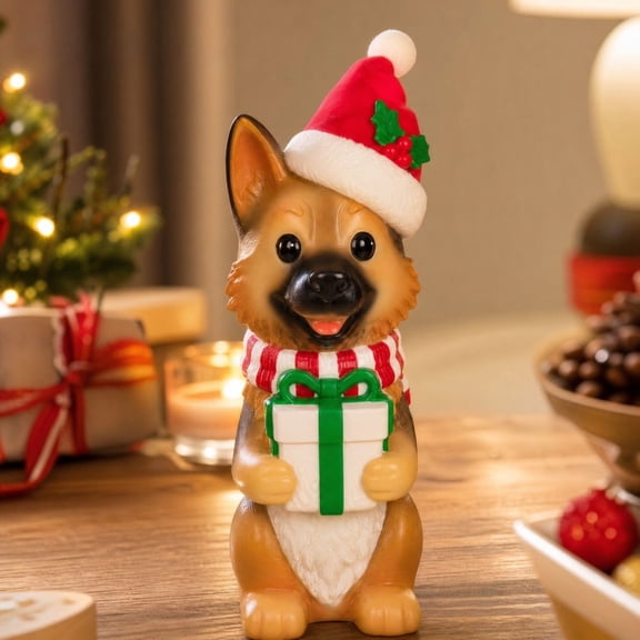 MYUNNIL Christmas Lighted Resin Dog Decoration, 7.87" Blow Mold LED German Shepherd Holding Gift Box Statue, Cute Seasonal Luminous Ornament for Mantel Tabletop Porch Display