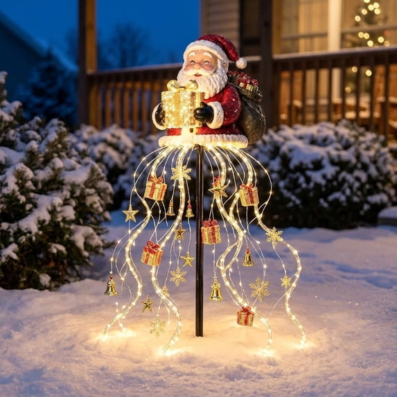 MYUNNIL Vintage Resin Santa Claus Christmas Magic Fountain Stake Light, LED Waterfall, Waterproof, 23.62 Inch