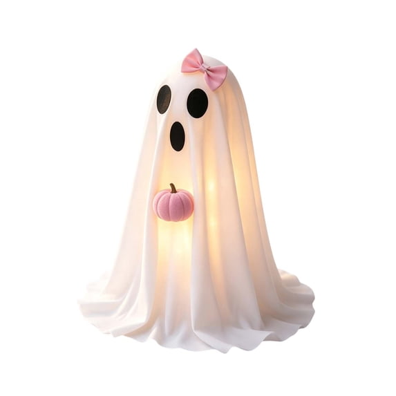 MYUNNIL Cute Light up Ghost Ornament, 19" White Warm LED Fabric Ghost Tabletop Decoration with Pink Plush Pumpkin & Bow, Reusable Luminous Seasonal Decor for Home Mantel Shelf Party