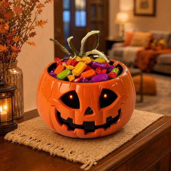 MYUNNIL Electric Halloween Pumpkin Candy Bowl, 6" Glowing Large Capacity Pumpkin Container with Built-In Interactive Skull Hand & LED Light, Spooky Creative Waterproof Decor for Home Party Display