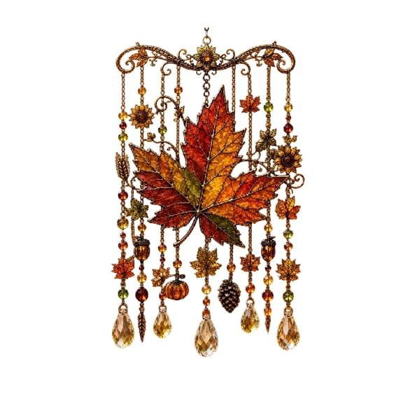 MYUNNIL Fall Acrylic Wind Chime Suncatcher, 7.87" Vintage Stain Glass Maple Leaf Hanging Decoration with Beaded Teardrop Pendants for Thanksgiving Halloween Home Decor