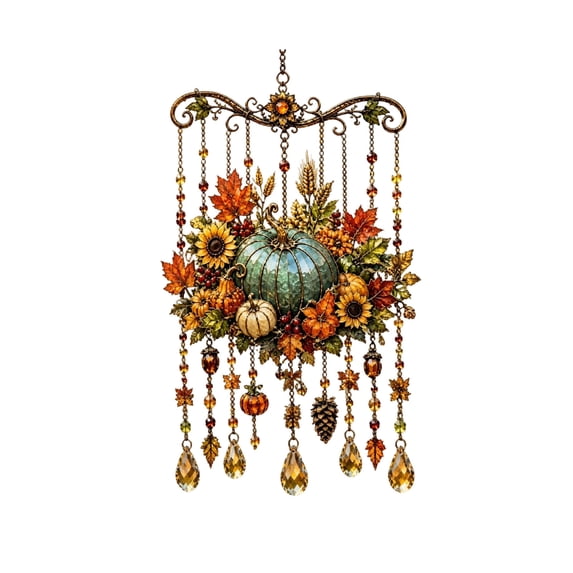 MYUNNIL Fall Acrylic Wind Chime Suncatcher, 7.87" Vintage Stain Glass Pumpkin Hanging Decoration with Beaded Teardrop Pendants for Thanksgiving Halloween Home Decor