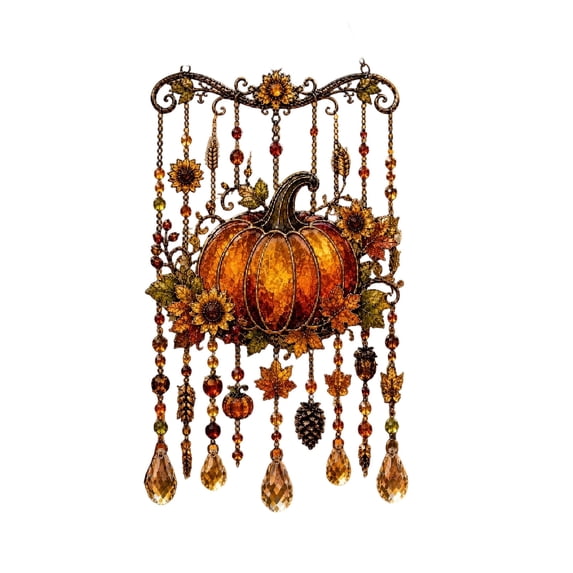 MYUNNIL Fall Acrylic Wind Chime Suncatcher, 7.87" Vintage Stain Glass Pumpkin Hanging Decoration with Beaded Teardrop Pendants for Thanksgiving Halloween Home Decor