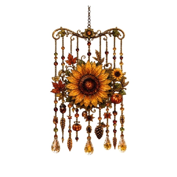 MYUNNIL Fall Acrylic Wind Chime Suncatcher, 7.87" Vintage Stain Glass Sunflower Hanging Decoration with Beaded Teardrop Pendants for Thanksgiving Halloween Home Decor