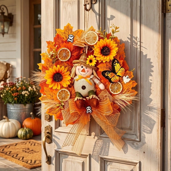 MYUNNIL Fall Scarecrow Wreath for Front Door, 15" Orange Farmhouse Maple Leaf Sunflower Scarecrow Fabric Hanging Wreath with Burlap Bow, Reusable Eye-Catching Seasonal Decoration for Wall Home Decor