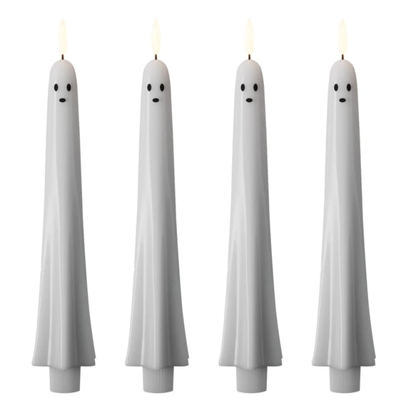 MYUNNIL Ghost Flameless Taper Candles, 4 Pcs White Halloween LED Glowing Ghost Shaped 3D Wick Flickering Taper Candles with Remote and Timer, Spooky Cute Ambient Lighting for Dinner Decor Indoor