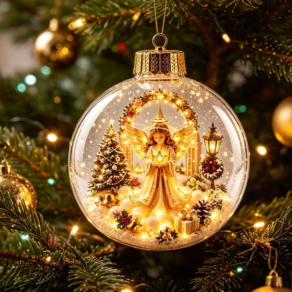 MYUNNIL Glowing Christmas Globe Ornament, 3.15" Light up Clear 3D Winter Scene Hanging Ball with Warm LED Light, Novelty Reusable Seasonal Decoration for Xmas Tree Mantel Home, ( Angel )