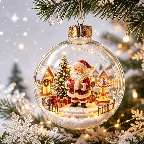 MYUNNIL Glowing Christmas Globe Ornament, 3.15" Light up Clear 3D Winter Scene Hanging Ball with Warm LED Light, Novelty Reusable Seasonal Decoration for Xmas Tree Mantel Home, ( Santa )