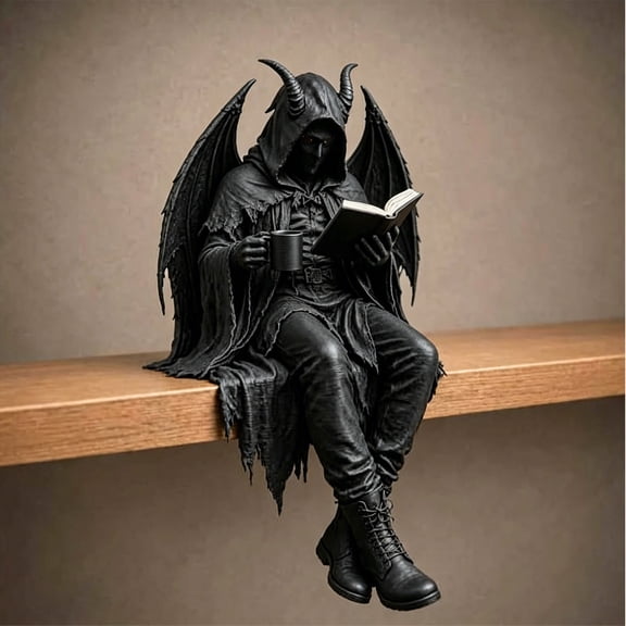 MYUNNIL Gothic Hooded Reader Statue, Sitting Dark Fantasy Robed Hooded Reaper Skeleton Reading Figurine, Handmade Mini Horror Resin Sculpture for Library Bookcase Decor & Dark Aesthetic Collection