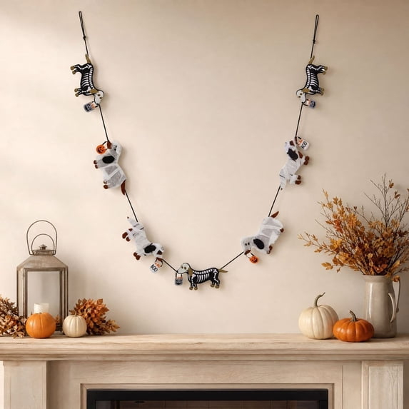 MYUNNIL Halloween Dachshund Garland Banner, 6Ft Funny Lightweight Skeleton Dachshund Themed Non-Woven Fabric Hanging Flag for Mantel Fireplace Wall Home Decor