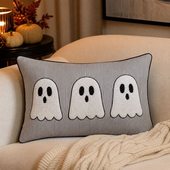 MYUNNIL Halloween Decorative Throw Pillow, 8 x 16 Inch Soft Comfortable Striped Ghost Pattern Cushion, Gothic Seasonal Home Decoration for Sofa Couch Bedroom