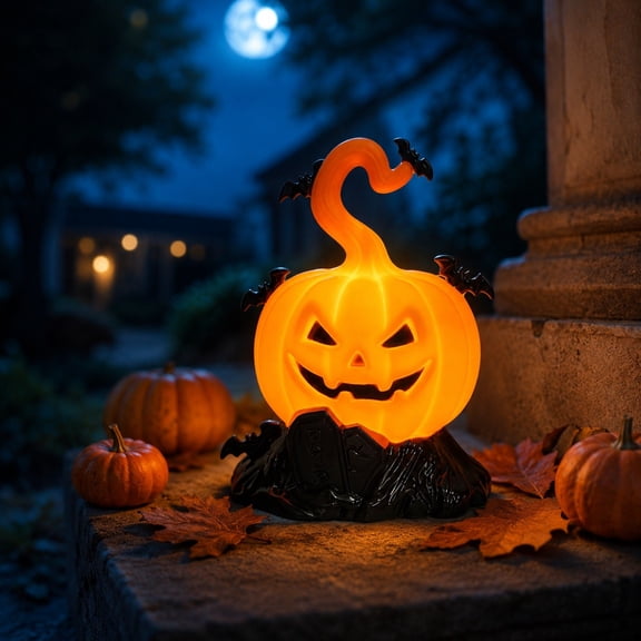 MYUNNIL Halloween LED Pumpkin Lamp, Light up Spooky Simulated Hollow Pumpkin Shaped Statue with Bat Decor, 4 Inch Mini Luminous Decorative Ornament for Desk Windowsill Shelf Party Display