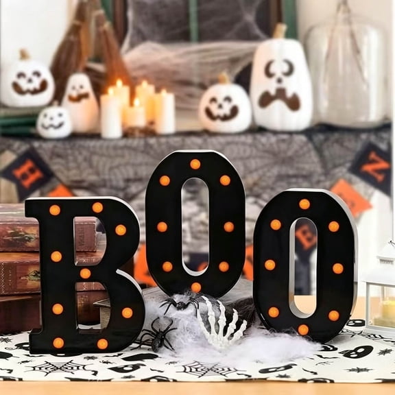 MYUNNIL Halloween Letters " BOO " LED Set, Vintage Gothic 3 Pcs Light up Black Marquee with Orange Glow, Creative Spooky Outdoor Glowing Decoration for Garden Patio Pathway Decor