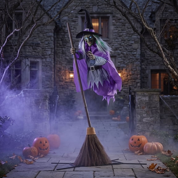 MYUNNIL Halloween Lighted Flying Witch Decoration, 6Ft Giant Gothic Floating Fabric Witch with Broomstick & Built-In LED Light, Sturdy Reusable Seasonal Ornament for Garden Yard Party