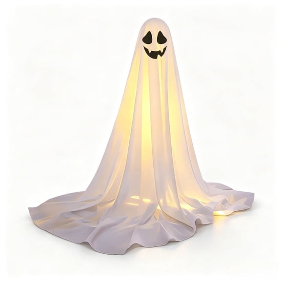 MYUNNIL Halloween Lighted Standing Ghost Decoration, 5Ft Giant White Freestanding Warm LED Fabric Ghost, Spooky Reusable Seasonal Decor