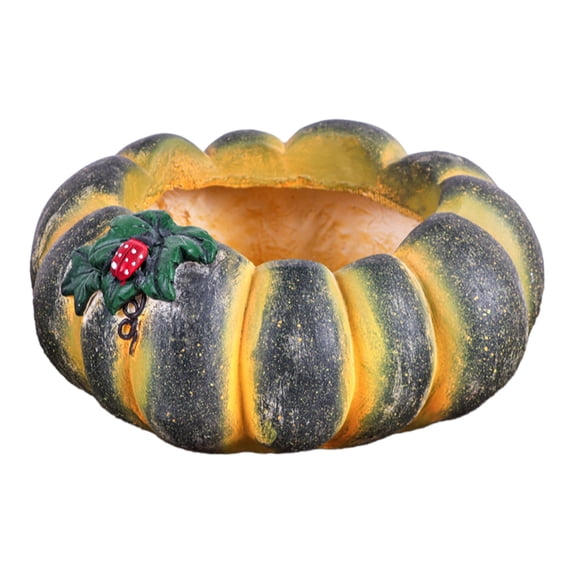 MYUNNIL Halloween Pumpkin Shaped Planter, 5" Rustic Wide-Mouth Yellow Green Striped Pumpkin Resin Flower Pot with 3D Ladybug, Durable Practical Decorative Container for Indoor Garden Yard Decor
