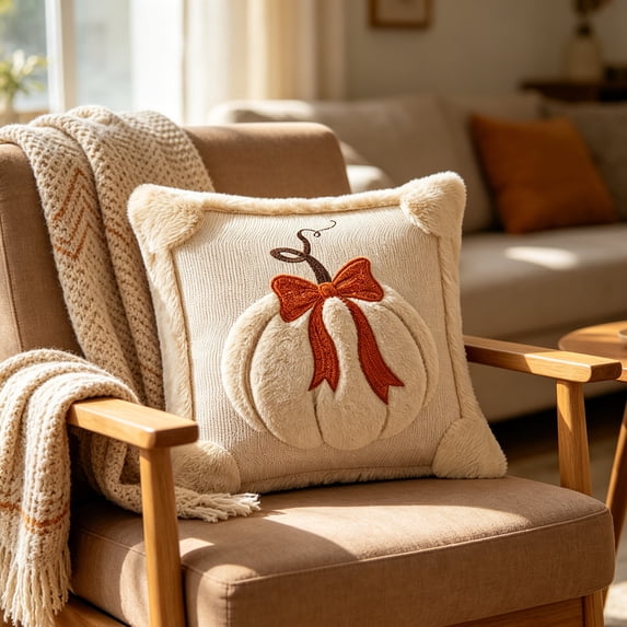 MYUNNIL Halloween Pumpkin Throw Pillow Cover, Soft 3D Fall Pumpkin Embroidery Plush Velvet Couch Cushion, Farmhouse Seasonal Home Decor for Sofa Bedroom Patio Office, 18 x 18"