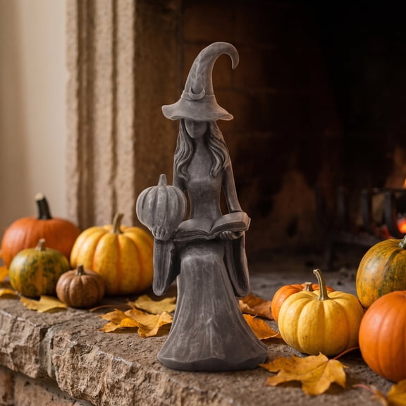 MYUNNIL Halloween Resin Witch Statue, Spooky Gothic Dark Holding Pumpkin Spell Book Seated Table Figurine, 7 Inch Vintage Creative Halloween Decoration for Shelf Mantel Party Home Decor