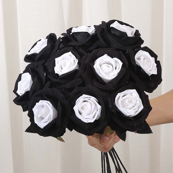 MYUNNIL Halloween Simulation Rose, 1 Pc Gothic Realistic Long Stem Rose with Black Leaves, 20 Inch Waterproof Reusable Floral Prop for Table Centerpiece Wedding Festive Decor, White