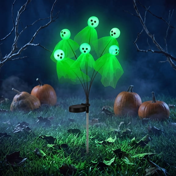 MYUNNIL Halloween Solar Ghost Stake Light, Spooky 6-Heads Green Glow LED Ghost Landscape Lamp with Metal Stake, 28 Inch Waterproof Seasonal Outdoor Decoration for Lawn Yard Patio Garden Decor