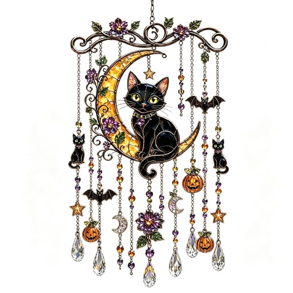 MYUNNIL Halloween Themed Crystal Wind Chime, Vintage Stain Grass Black Cat Hanging Acrylic Suncatcher with Teardrop Pendant, Novelty Sparkling Waterproof Decoration for Patio Garden Indoor Decor