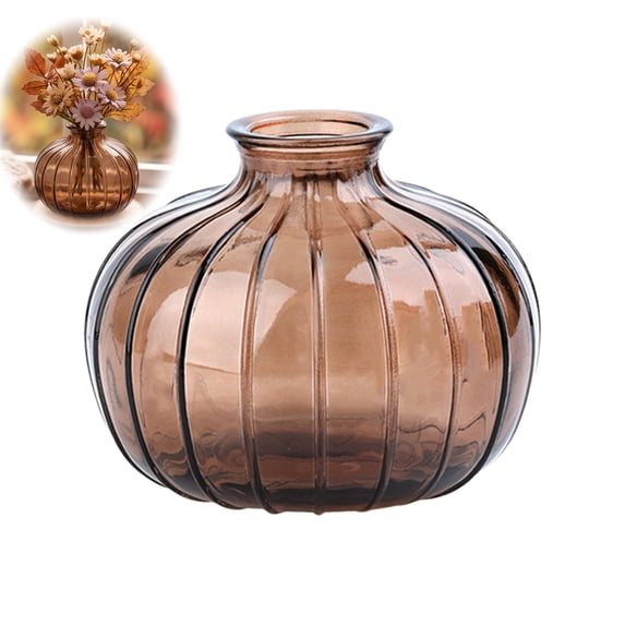 MYUNNIL Halloween Transparent Pumpkin Glass Vase, 3" Fall Rustic Small Pumpkin Shaped Washable Tabletop Floral Accessory, Creative Seasonal Practical Planter for Home Indoor Decor, Brown