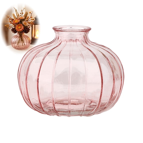 MYUNNIL Halloween Transparent Pumpkin Glass Vase, 3" Fall Rustic Small Pumpkin Shaped Washable Tabletop Floral Accessory, Creative Seasonal Practical Planter for Home Indoor Decor, Pink