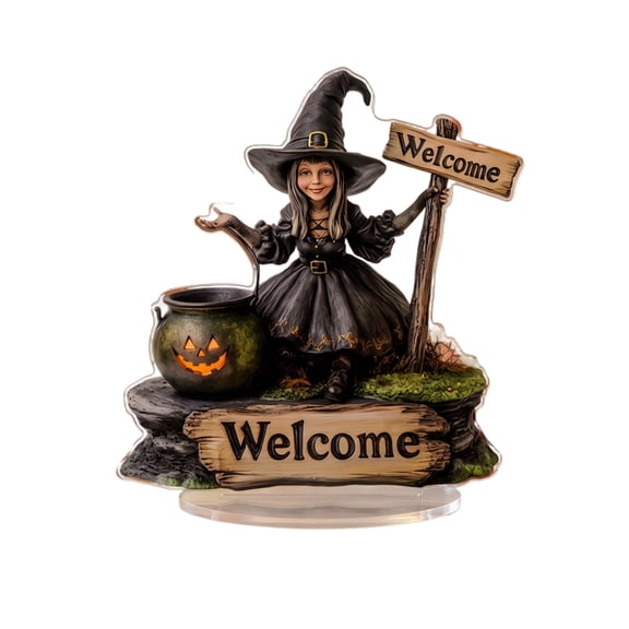 MYUNNIL Halloween Witch Acrylic Tabletop Decor, 2D Flat Spooky Witch Pumpkin Cauldron Welcome Ornament with Sturdy Base, 8" Creative Gothic Seasonal Decoration for Home Shelf Mantel Party