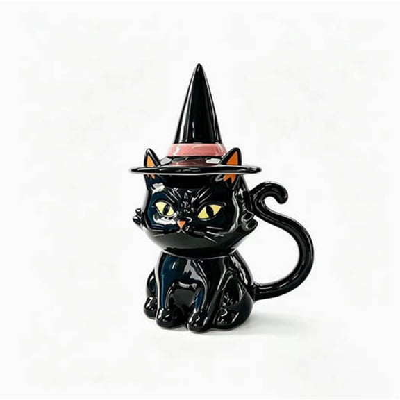 MYUNNIL Halloween Witch Black Cat Ceramic Mug, 14Oz Gothic Black Cat Shaped Drinking Cup with Witch Hat Lid, Cute Creative Decorative Home Accessory for Table Kitchen Office & Holiday Gift