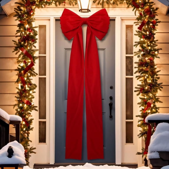 MYUNNIL Large Flocked Christmas Bow, 79" Giant Red Soft Velvet Wreath Bow with Long Streamers, Reusable Eye-Catching Holiday Decor for Front Door Home Party