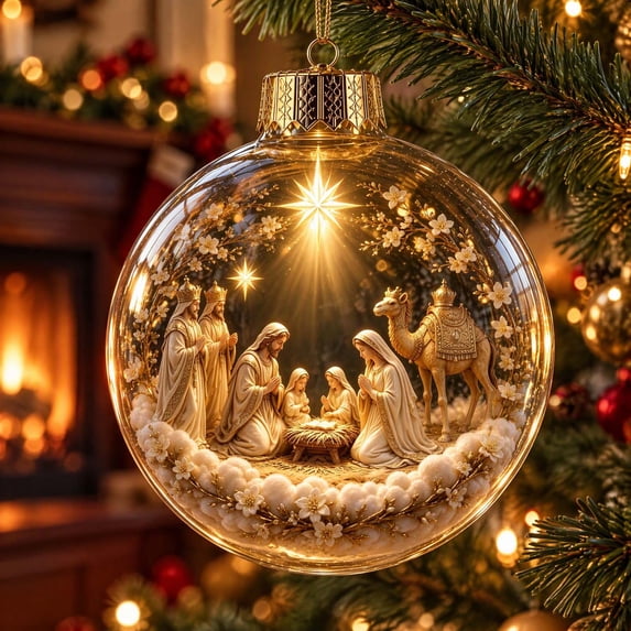 MYUNNIL Light Up Christmas Globe Ornaments, 3" Religious Clear Nativity Scene Hanging Ball Decoration with Built-In Warm LED Light, Cute Waterproof Seasonal Pendant for Tree Home Decor