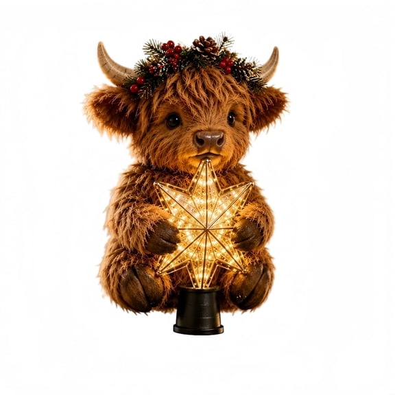 MYUNNIL Lighted Highland Cow Christmas Tree Topper, 12" Brown Warm Glowing LED Fluffy Stuffed Fabric Cow with Star Light, Reusable Vintage Rustic Ornament for Xmas Tree
