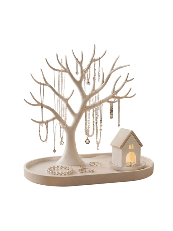 Lighted Jewelry Tree Organizer, 3.9 x 7.8 x 5.9 Elegant White Warm LED Tree-Shape Necklace Earring Holder with Tray Base for Bedroom Tabletop Decor