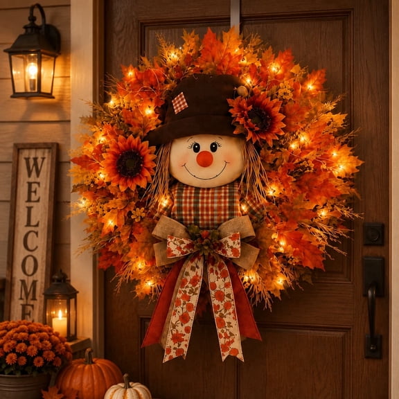 MYUNNIL Lighted Scarecrow Fall Wreath Farmhouse Vintage Reusable Waterproof