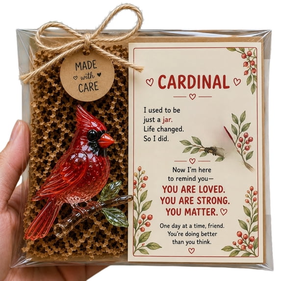 MYUNNIL Original Recycled Red Bird Souvenir, Handmade Mini Transparent Embossed Bird Acrylic Figurine with Exquisite Gift Box, Coastal Style Emotional Set for Home Office Decor & Holiday Gift