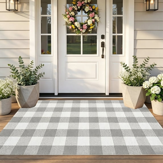 MYUNNIL Outdoor Buffalo Plaid Rug, Washable Summer Farmhouse Front Door Mat, Welcome Mat Layering Rug for Front Entryway Porch Patio Yard, Gray & White, 16" x 24"