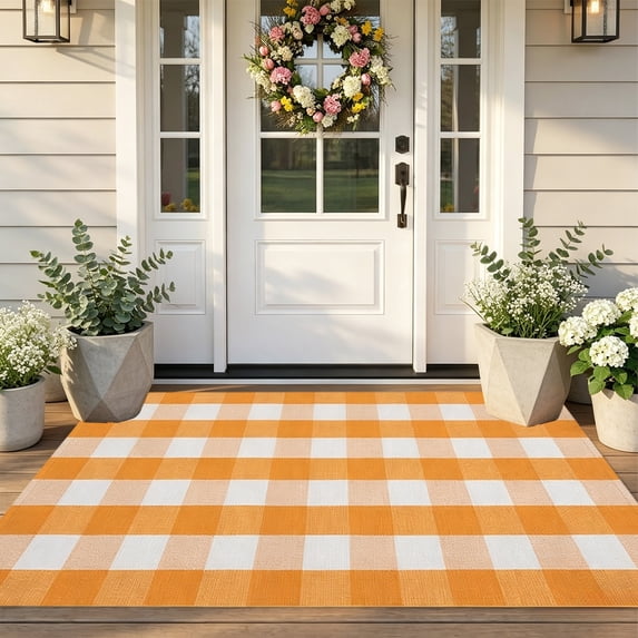 MYUNNIL Outdoor Buffalo Plaid Rug, Washable Summer Farmhouse Front Door Mat, Welcome Mat Layering Rug for Front Entryway Porch Patio Yard, Orange & White, 16" x 24"