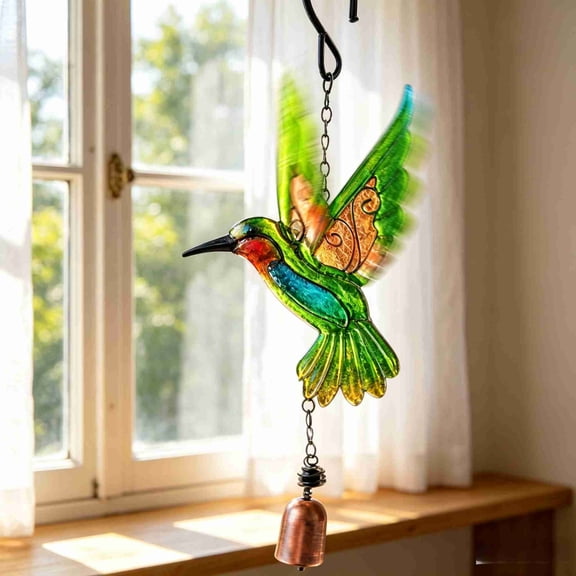 MYUNNIL Outdoor Hummingbird Wind Chimes, Spray-Painted Stained Glass Hanging Metal Bird Wind Chimes with Bell, Melodic Sound, 15 Inch Creative Pendant for Garden Patio Tree Yard Decor, Green
