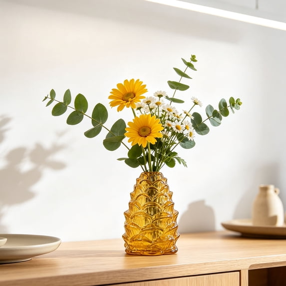 MYUNNIL Pinecone Shaped Glass Vase, 6" Conical Transparent Embossed Glass Flower Vase, Fall Farmhouse Floral Accessory for Home Mantel Table Office Shelf Decor, Gold