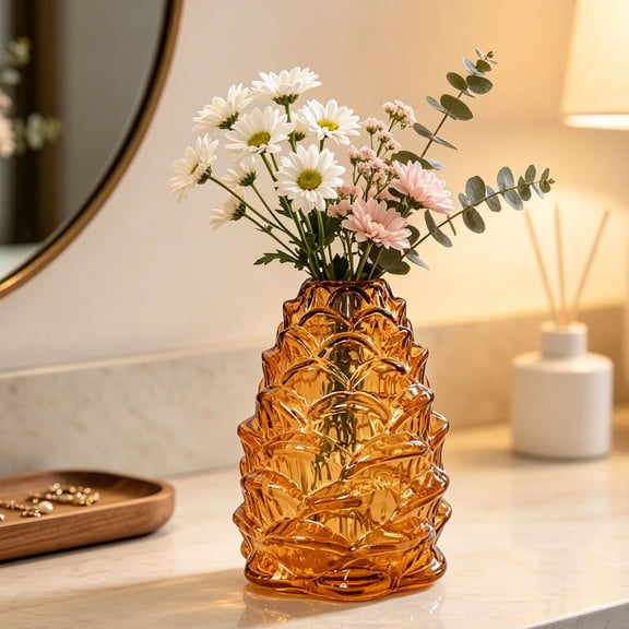 MYUNNIL Pinecone Shaped Glass Vase, 6" Conical Transparent Embossed Glass Flower Vase, Fall Farmhouse Floral Accessory for Home Mantel Table Office Shelf Decor, Khaki