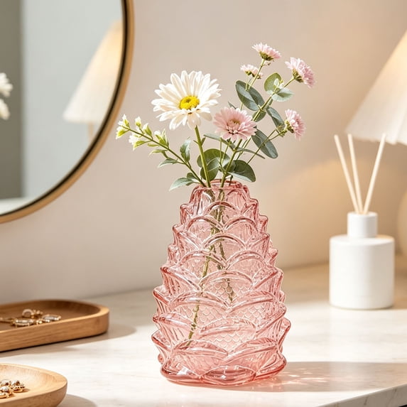MYUNNIL Pinecone Shaped Glass Vase, 6" Conical Transparent Embossed Glass Flower Vase, Fall Farmhouse Floral Accessory for Home Mantel Table Office Shelf Decor, Pink