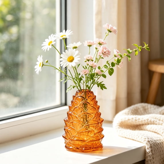 MYUNNIL Pinecone Shaped Glass Vase, 6" Conical Transparent Embossed Glass Flower Vase, Fall Farmhouse Floral Accessory for Home Mantel Table Office Shelf Decor, Orange