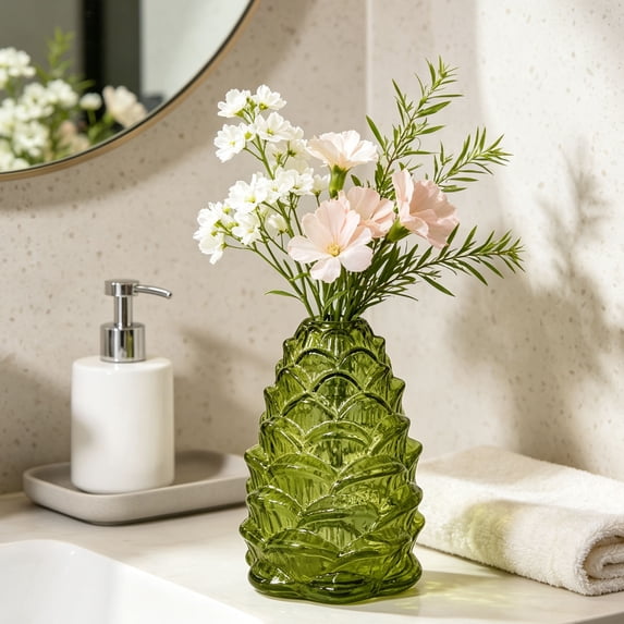 MYUNNIL Pinecone Shaped Glass Vase, 6" Conical Transparent Embossed Glass Flower Vase, Fall Farmhouse Floral Accessory for Home Mantel Table Office Shelf Decor, Green