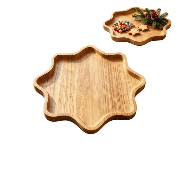 MYUNNIL Wooden Christmas Snowflake Serving Tray, 8" Vintage Sturdy Snowflake-Shape Desserts Plate, Lightweight Durable Decorative Household Tray for Fruits Cookies Nuts