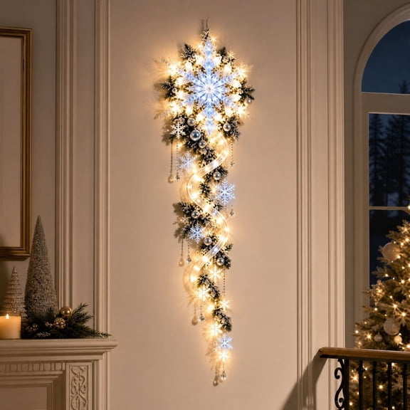 MYUNNILn Christmas Snowflake Wall Light, 32" Artificial Warm Glow LED Snowflake Pine Acrylic Light with Crystal Pendant, Waterproof Winter Seasonal Home Decoration for Bedroom Living Room Party