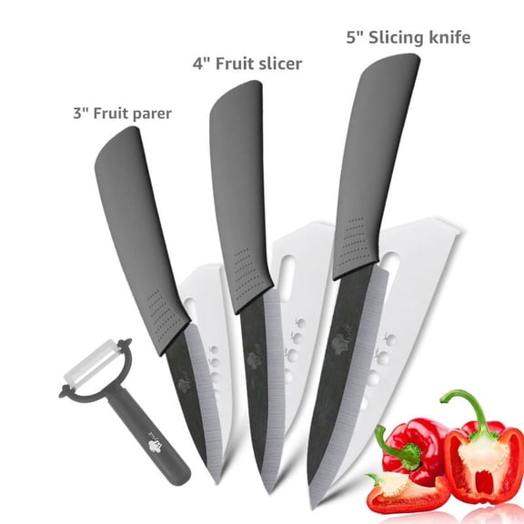 MYVIT Black Ceramic Knife Set for Kitchen 3" 4" 5" Paring Knife with Blade Guards Vegetable Fruit Slicer, Gray Handle