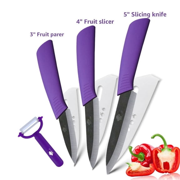 MYVIT Black Ceramic Knife Set for Kitchen 3" 4" 5" Paring Knife with Blade Guards Vegetable Fruit SlicerPurple Handle