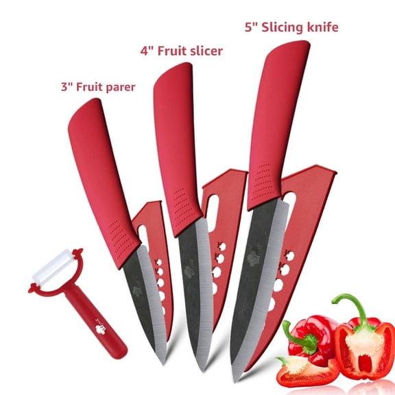 MYVIT Black Ceramic Knife Set for Kitchen 3" 4" 5" Paring Knife with Blade Guards Vegetable Fruit Slicer, Red Handle