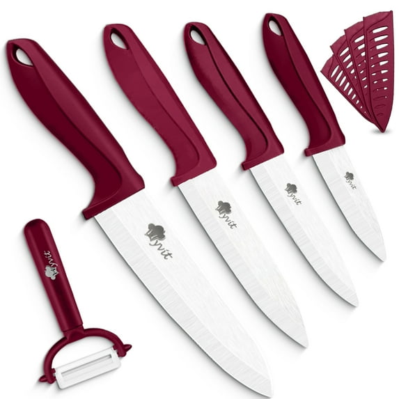 Ceramic Knife Set Kitchen Chefs Red Cutting Knife Kit Fruit Paring Knife with Covers Utility Knife Cooking Cutter for Cutting Meat Vegetable Fish